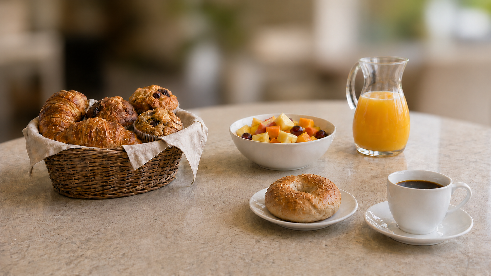 Breakfast plate with eggs, bacon, toast, fruit and coffee